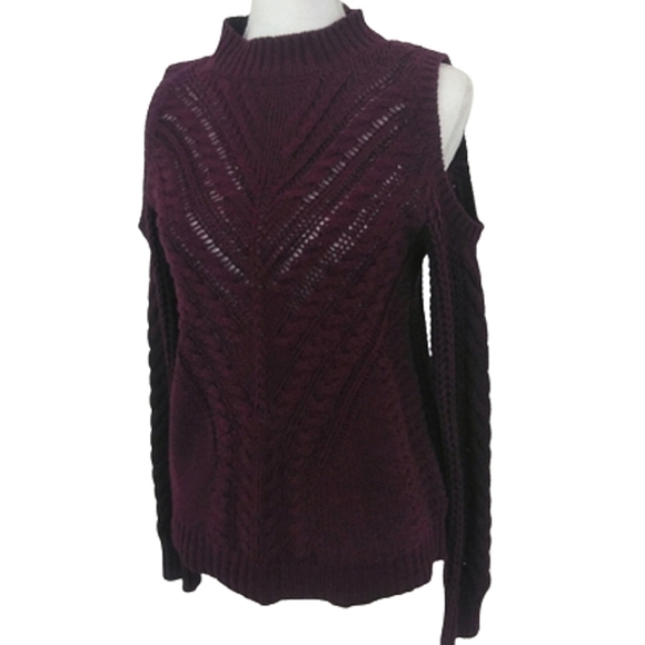 Aeropostale Maroon Cold Open Shoulder Sweater Cable Knit Cotton Turtleneck Top - Picture 1 of 7